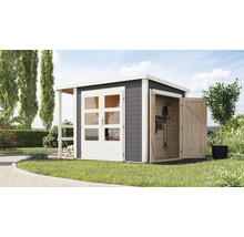 Gartenhaus aus Holz mit Doppeltür und Geräteschuppen im Garten.