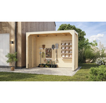 Abri de jardin ouvert en bois avec outils de jardin et étagères pour le rangement