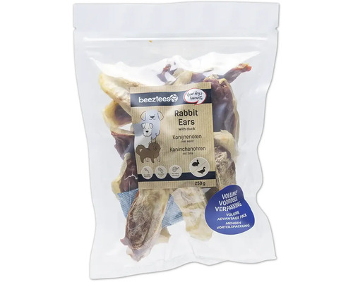 Friandises pour chiens beeztees oreilles de lapin garnies au canard env. 250 g friandises à mâcher Sachet d''oreilles de lapin pour chiens au canard