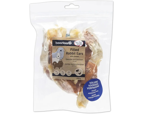 Friandises pour chiens beeztees oreilles de lapin garnies au poulet env. 250 g friandises à mâcher Sachet d''oreilles de lapin farcies au poulet pour chiens, 250 grammes