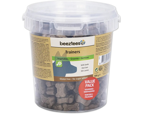 Beeztees Trainers friandises pour chiens à l''agneau, sans gluten et sans sucre ajouté dans une boîte transparente