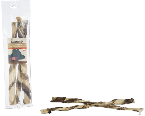 Snacks de peau de tête de bœuf Beetztees dans un emballage et deux snacks individuels