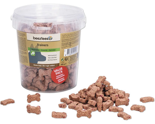 Beeztees Trainers snacks pour chiens aux légumes et betteraves rouges dans un seau transparent