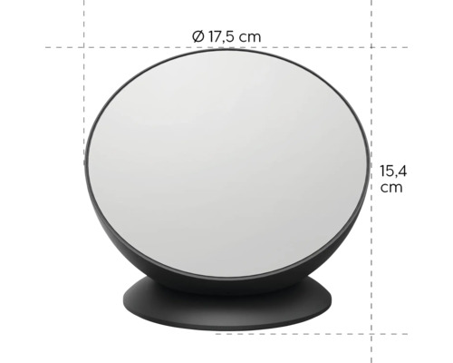 Miroir de maquillage rond avec des dimensions de 17,5 cm de diamètre et 15,4 cm de hauteur