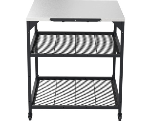 Table de grill avec plan de travail en acier inoxydable et deux grilles de rangement