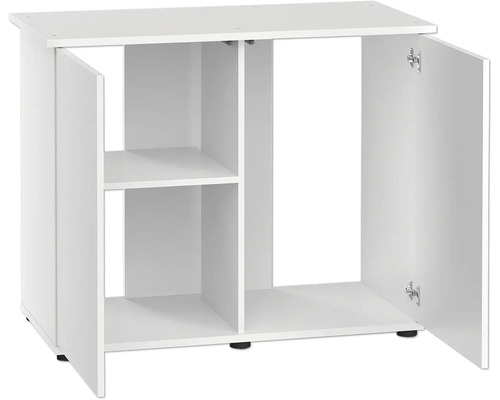 Meuble bas blanc avec deux portes et étagères