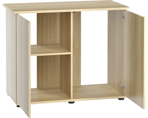 Meuble bas avec deux portes ouvertes et une étagère