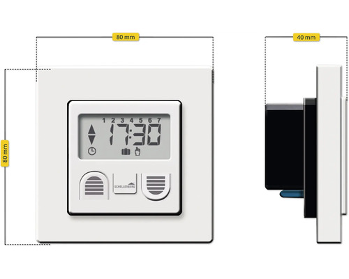 Programmateur Schellenberg pour commander les volets roulants, vue de face et vue latérale avec dimensions