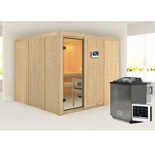 Sauna en bois avec porte en verre et poêle de sauna avec pierres