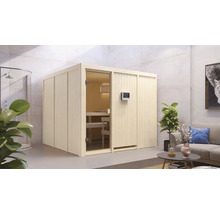 Vue intérieure d''un sauna en bois avec porte en verre et élément de commande