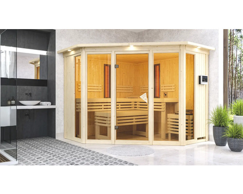 Elementsauna Karibu Astaria inkl. 9 kW Bio Ofen u.ext.Steuerung mit Dachkraz und bronzierter Ganzglastüre