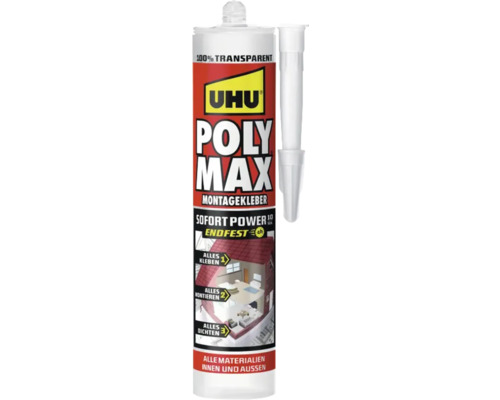 Colle de montage UHU POLY MAX Sofort Power 300 g UHU Poly Max colle de montage, transparent, pour tous matériaux