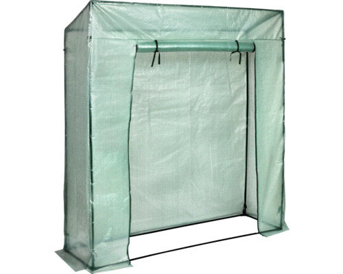 Gewächshaus mit Folienabdeckung und offener Tür