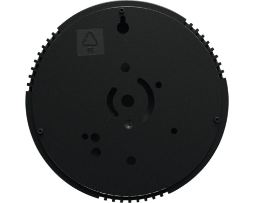 Lampe LED ronde noire vue de dessous avec symbole de recyclage PC et trous de fixation.