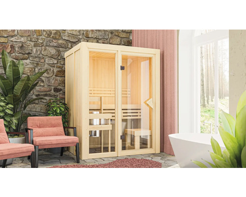 Sauna modulaire Karibu Avarni 1 avec poêle 3,6 kW et commande intégrée sans couronne avec porte entièrement vitrée couleur bronze