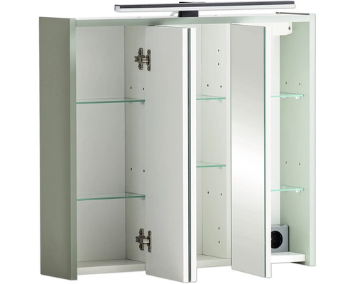 Armoire de toilette à trois portes avec éclairage LED et étagères en verre pour la salle de bains
