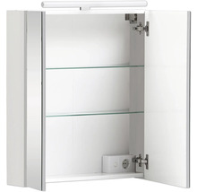 Armoire de toilette ouverte avec deux étagères en verre, prise de courant et éclairage