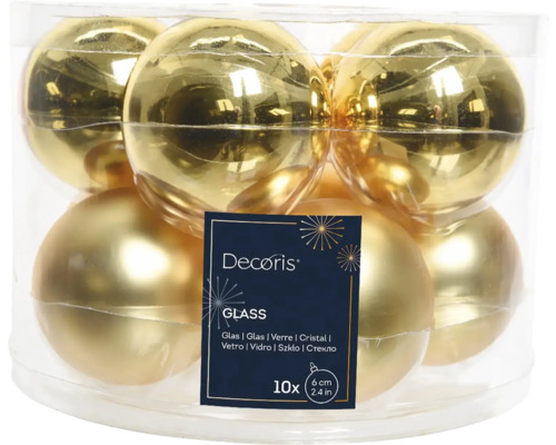 Zehn goldfarbene Weihnachtskugeln aus Glas, je sechs Zentimeter groß