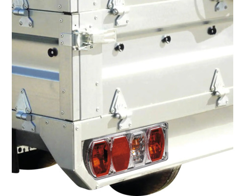 Detailansicht einer Anhängerbordwand mit Rückleuchten.