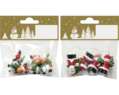 Weihnachtsbaumschmuck-Set mit Rentieren und Weihnachtsmannfiguren in Verpackung