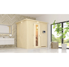 Sauna en bois avec porte en verre et panneau de commande dans une salle de bains lumineuse