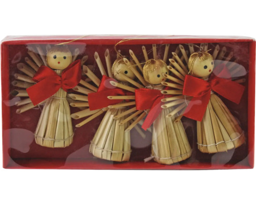 Ange en paille à suspendre avec boucle h 5,5 cm, 4 pièces Quatre étoiles de paille anges avec ruban en set