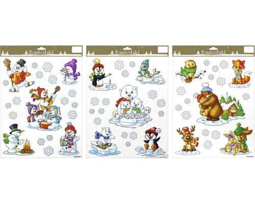 Trois images de fenêtre avec des motifs d''hiver et des flocons de neige