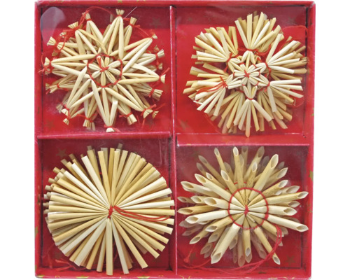 Décoration de Noël étoiles en paille Ø 6 cm beige 16 pièces Quatre étoiles de paille dans une boîte rouge pour la décoration de Noël.