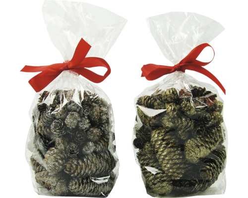 Matériel de décoration Pommes de pin fibre naturelle marron or Deux sachets de pommes de pin avec un ruban décoratif