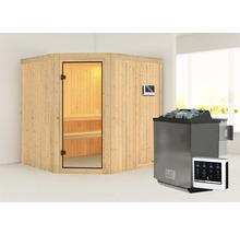 Sauna en bois avec porte en verre, élément de commande et poêle de sauna