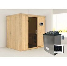 Sauna en bois avec porte en verre, poêle de sauna et commande