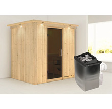 Holzsauna mit Glastür und Saunaofen