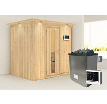 Sauna aus Holz mit Steinen und Bedienfeld
