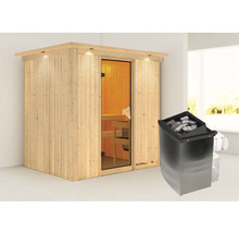 Sauna en bois avec porte en verre et poêle de sauna avec pierres