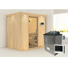 Sauna aus Holz mit Glastür und Saunaofen mit Steinen sowie Steuerungseinheit