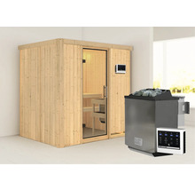 Holzsauna mit Glastür, digitalem Bedienfeld und Saunaofen