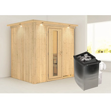 Holzsauna mit Glastür und Saunaofen mit Steinen