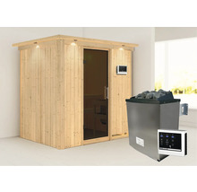 Sauna avec porte en verre, unité de commande et poêle de sauna avec pierres de sauna
