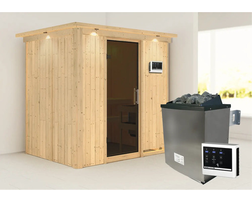 Elementsauna Karibu Bodina inkl. 9 kW Ofen u.ext.Steuerung mit Dachkranz und graphitfarbiger Ganzglastüre Elementsauna Karibu Bodina inkl. 9 kW Ofen u.ext.Steuerung mit Dachkranz und graphitfarbiger Ganzglastüre