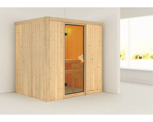 Sauna modulaire Karibu Bodina sans poêle et couronne avec porte entièrement vitrée coloris bronze