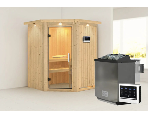 Elementsauna Karibu Larina inkl. 9 kW Bio Ofen u.ext.Steuerung mit Dachkranz und Ganzglastüre aus Klarglas Elementsauna Karibu Larina inkl. 9 kW Bio Ofen u.ext.Steuerung mit Dachkranz und Ganzglastüre aus Klarglas