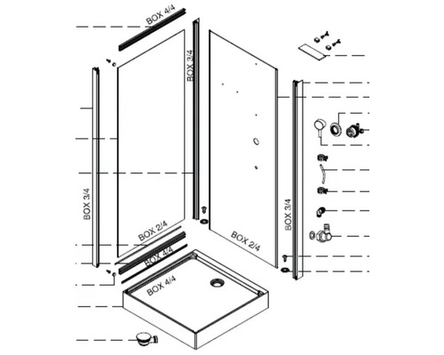 Schéma de montage d''une cabine de douche avec receveur et robinetterie.
