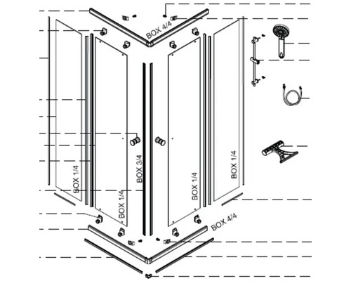 Schéma éclaté d''une cabine de douche avec pièces détachées et instructions de montage