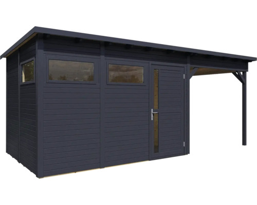 Abri de jardin en bois avec fenêtres, porte et auvent