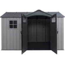 Abri de jardin avec portes doubles ouvertes et fenêtre