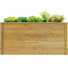 Jardinière surélevée en bois plantée de salade