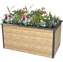 Jardinière couleur bois avec diverses fleurs