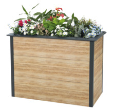 Jardinière aspect bois avec diverses plantes
