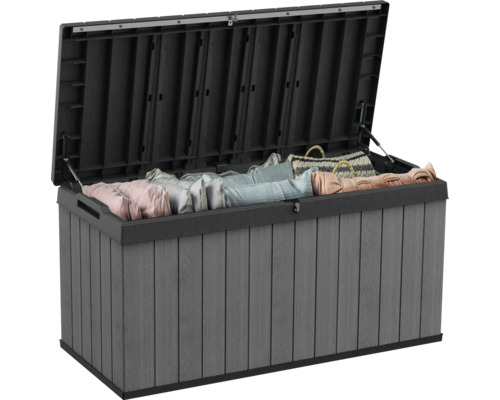 Coffre de jardin ouvert avec espace de rangement pour outils de jardin et coussins