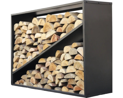 Brennholzregal aus Metall mit Holzscheiten